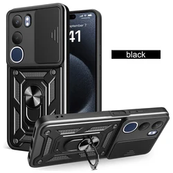 Slide Camera Protection Ring Stand Shockproof Back Cover for VIVO Y19S 4G (Black)