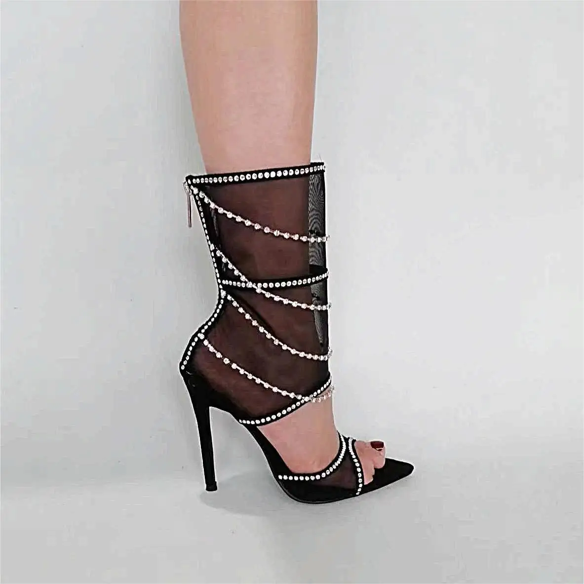 

Luxury Crystal Decorated Cut-outs Mesh Stiletto Heels Gladiator Sandals Boots Women Peep Pointed Toe Back Zipper Banquet Shoes