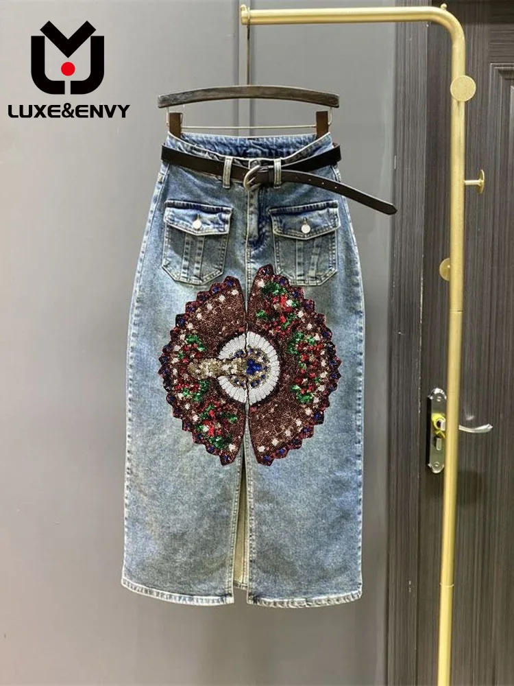 

LUXE&ENVY New Diamond Patterned Denim Skirt Color Long Women 2023 Autumn