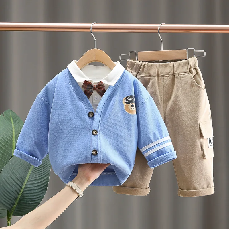 

Kids Designer Clothes for Baby Boy 1 to 5T Cartoon Single Breasted Cardigan Coats + White T-shirts + Pants Toddler Boys Outfits