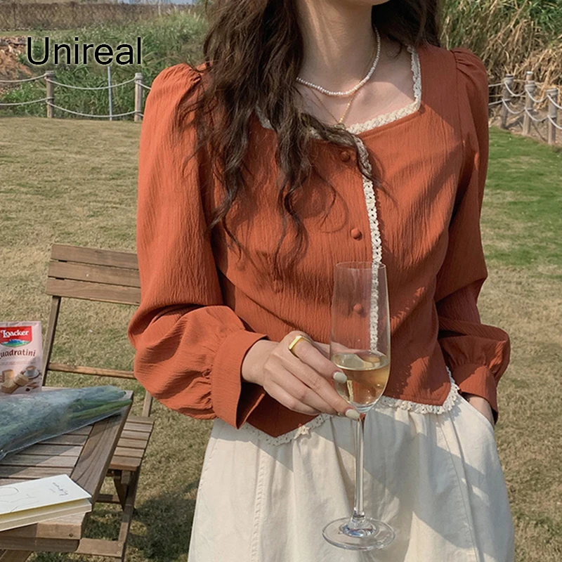 

Unireal 2022 Spring Autumn Women Lace Blouse Shirt Long Sleeve Cute Girls Sweet Fashion Blouse Tops