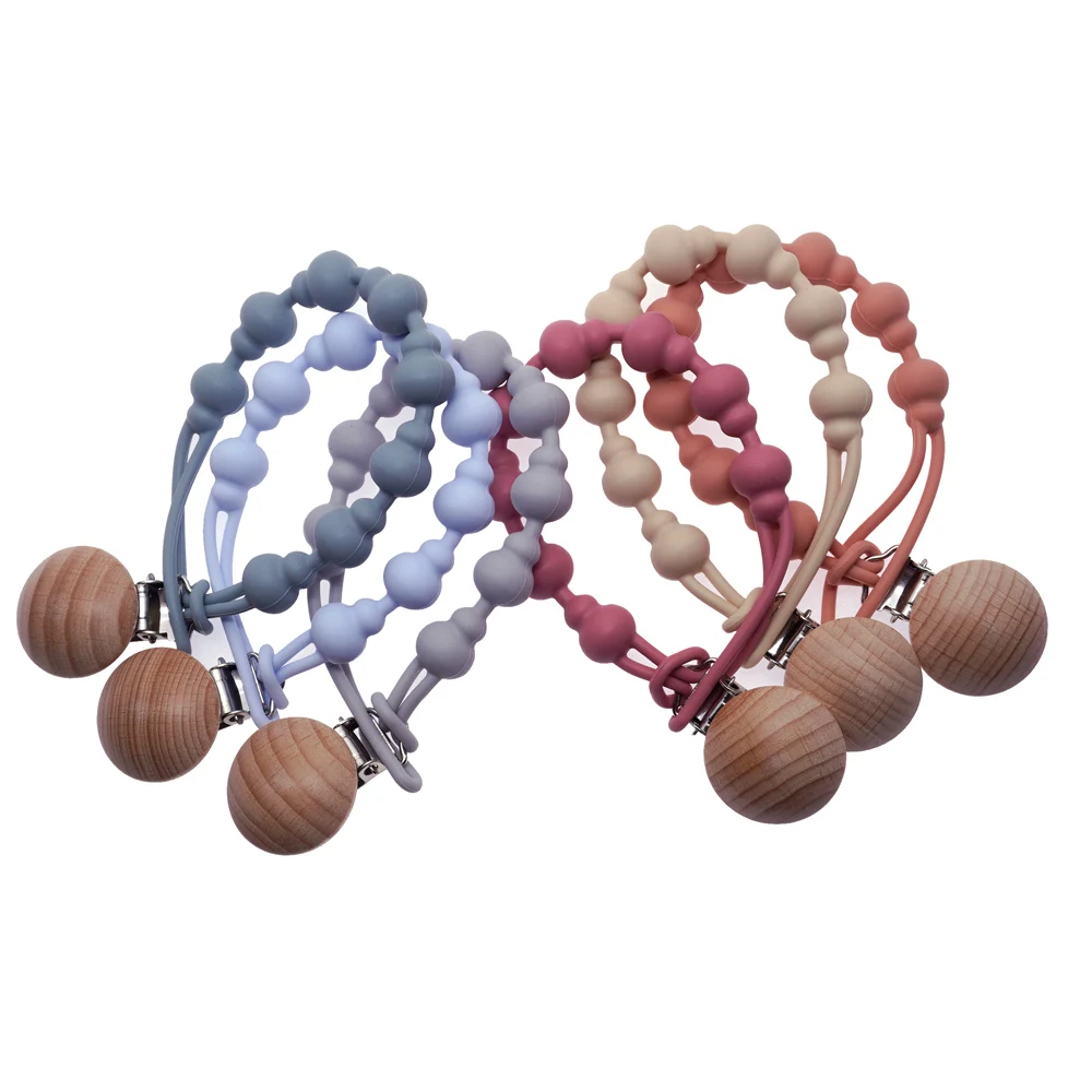 Beech Wood Silicone Bead Pacifier Clip Dummy Chain Holder Newborn Soother Chains Nipple Holder For Babies Teething Toy Baby Chew