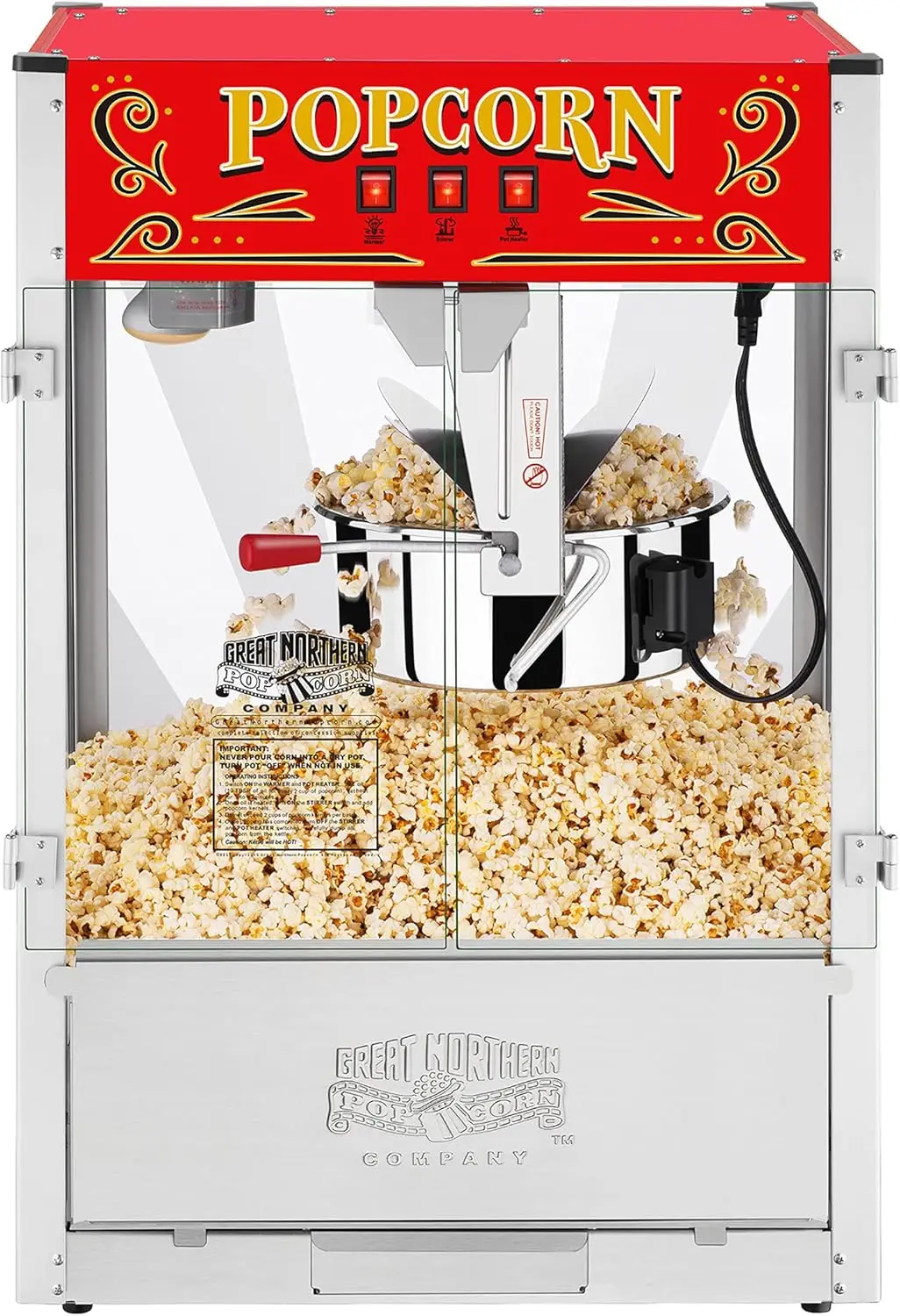 Midway Marvel Countertop Popcorn Machine 7 Gallon Popper-16oz Kettle Old Maids Drawer Warming Tray Scoop 16 Ounce Silver/red