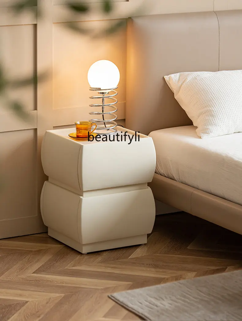 

Cream Style Stone Plate Soft Bag Bedside Table Nordic Solid Wood Light Luxury Bedside Cabinet Household Bedroom