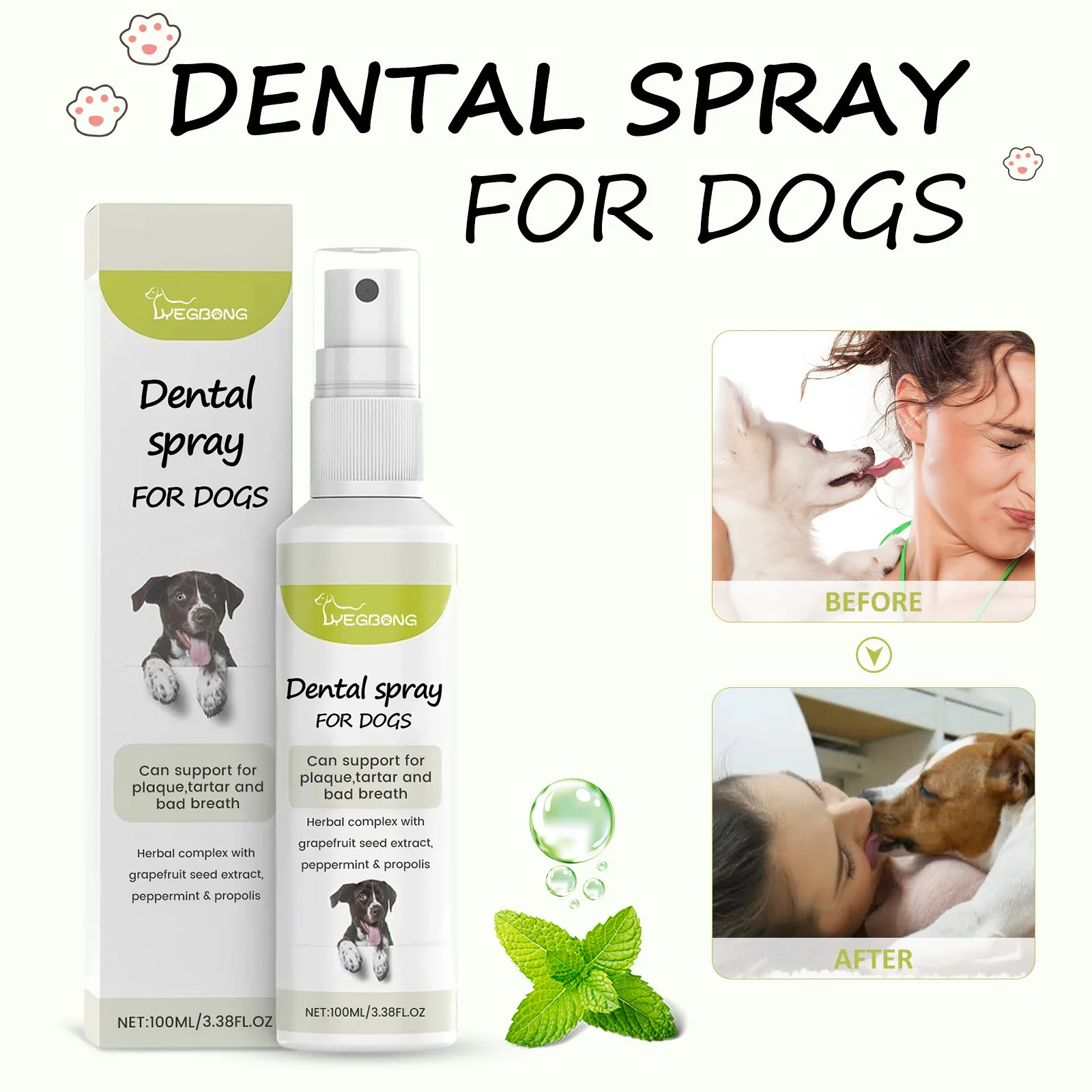 Yegbong Pet Mint Fresh Breath Spray Cat and Dog Oral Cleansing Deodorant Removal Odor Care Spray