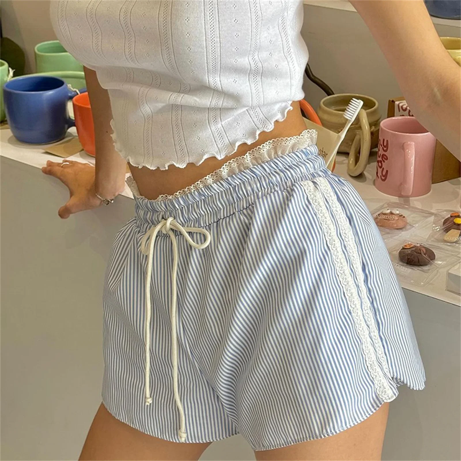 Puloru Hotsweet Striped Shorts Women's Summer Lace Trim Elastic Waist Drawstring Casual Shorts For Streetwear Lounge Bottoms_ecoleips.com