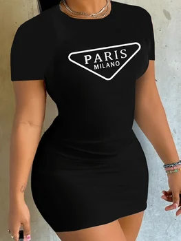 Summer women's PARIS letter print casual slim fit short sleeved round neck T-shirt short mini dress 1