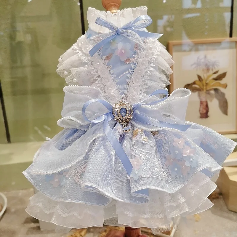 Vestiti Per Cani Fatti A Mano Forniture Per Animali Abito Da Principessa Elegante 3 Colori Gem Flower Bow Accessori Gonna In Tulle Little Swan One Pie