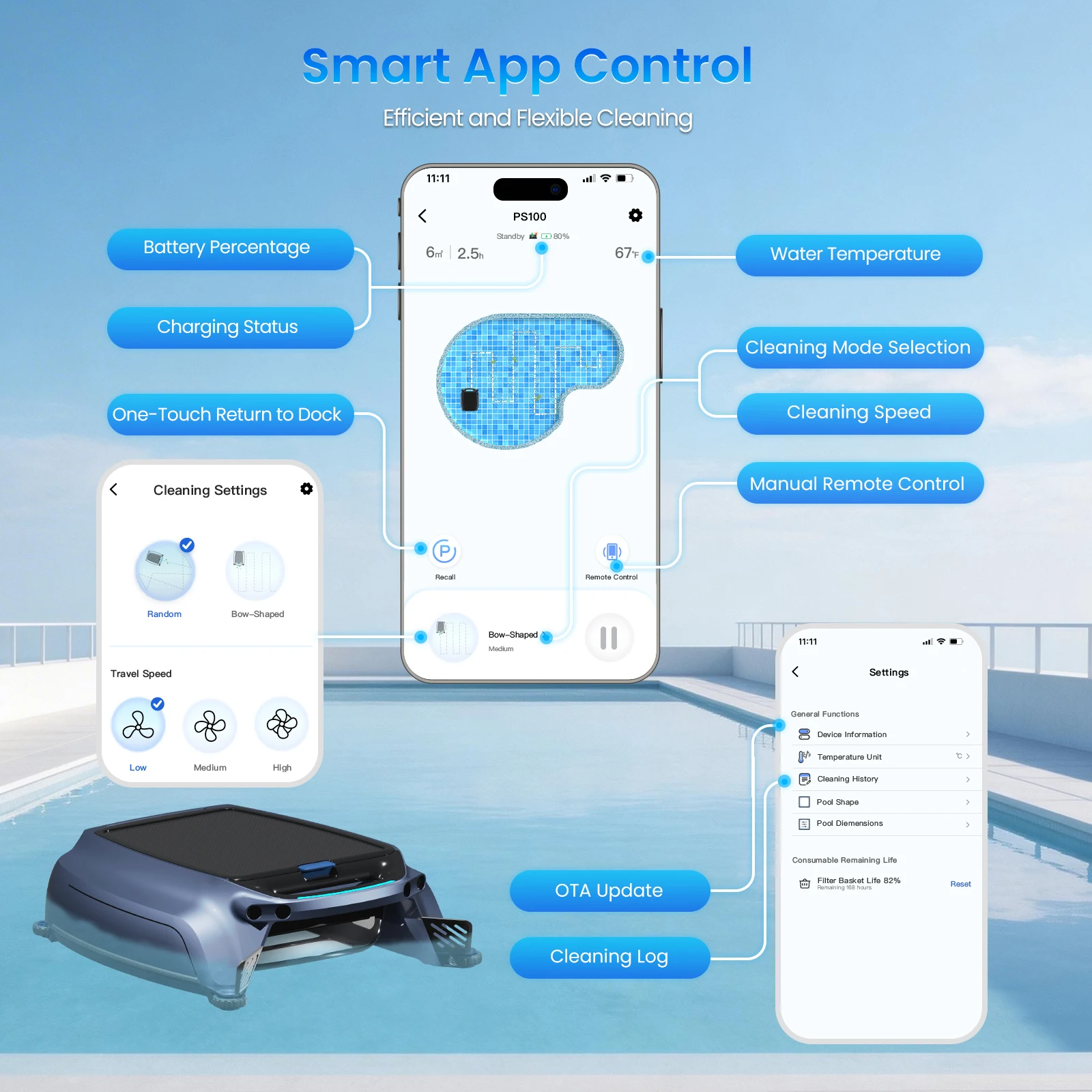 AIRROBO QT200 고품질 무선 자동 수영장 스키머 & 청소 로봇 스마트 앱 친환경 필터 (수영장용)