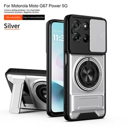 Magnetic Stand Shockproof Armor Phone Case with Slide Camera Cover for Motorola Moto G54 Power (Silver)