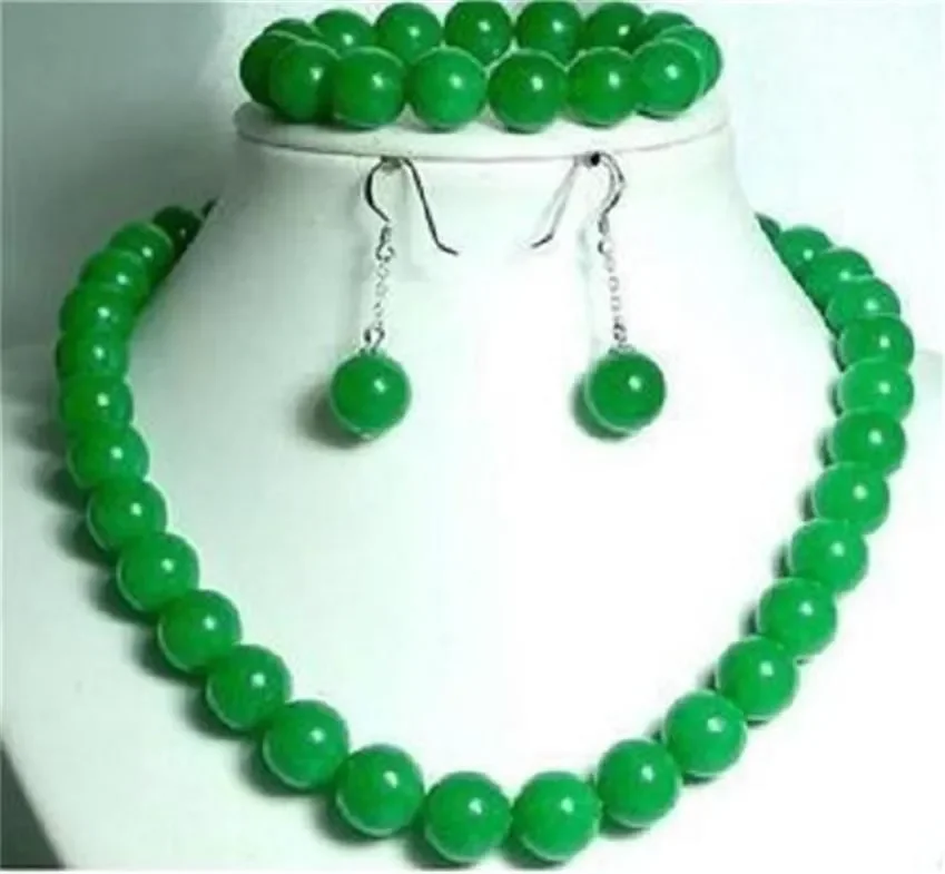 

10mm Green Jade Gemstone Round Beads Necklace 18" & Bracelet 7.5" Earrings