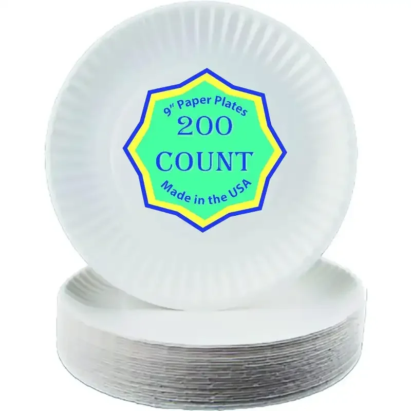 9 Inch Paper Plate Uncoated Plates White, 200ct