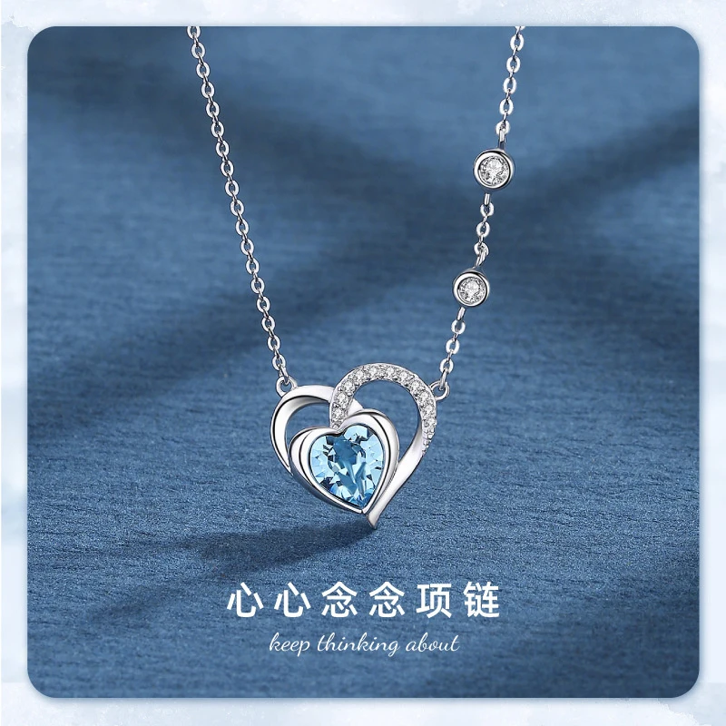 

New Sterling Silver Austrian Crystal Necklace Ins Style S925 Heart Blue Heart Of The Ocean Necklace Women Clavicle Chain Pendant