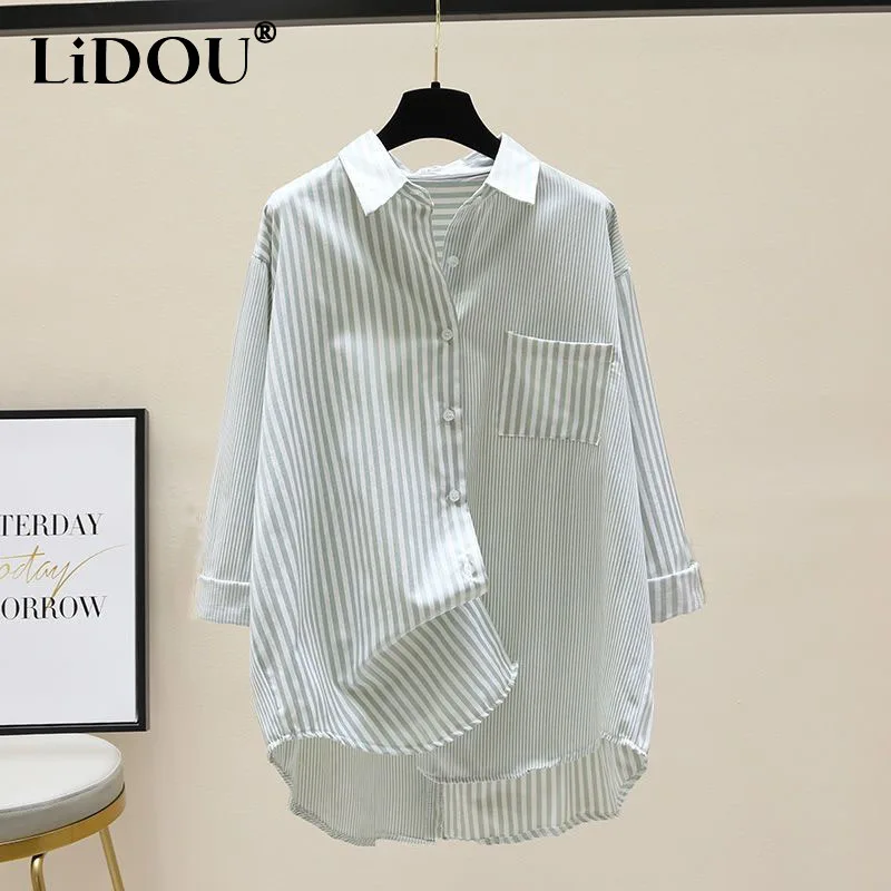 

2023 Korean Style Spring Summer New Blouse Women Turn-down Collar Stripe Single Breasted Pocket Long Sleeve Female Clothing