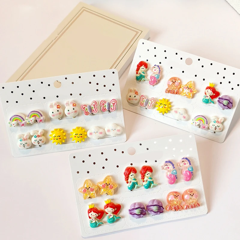 6PRS Gift Children Non Piercing Girls Kids Earrings Mixed Cute Mermaid Rainbow Butterfly Clip on Earring ear clip earrings clip earrings ear clip