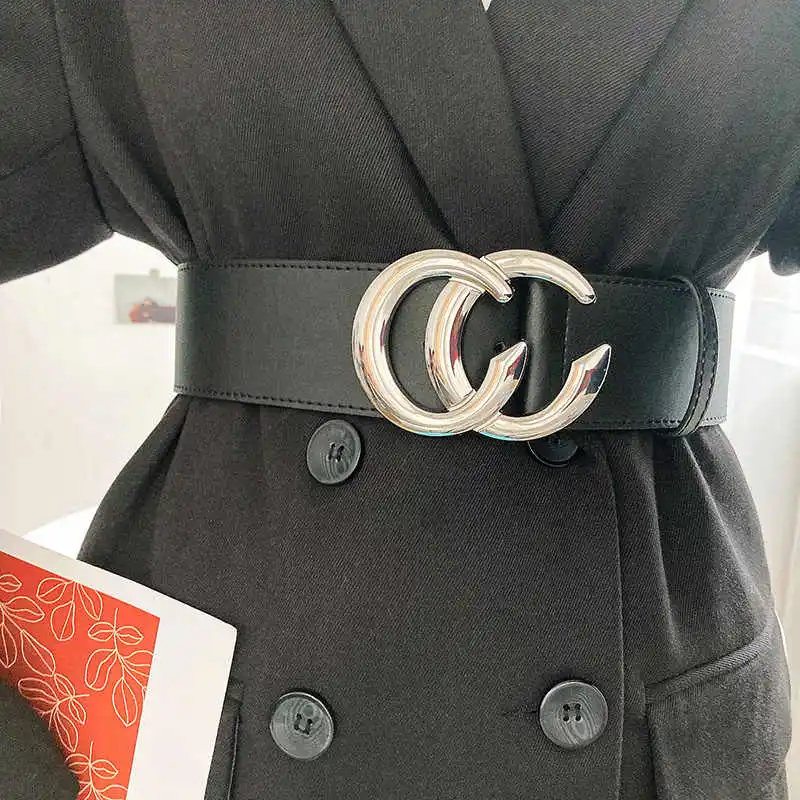 1pcs Belt Women's New Black Letter C Double C Versatile Waist Cincher Decorative Belt for Coat Suits Wide for Daily Wear Su