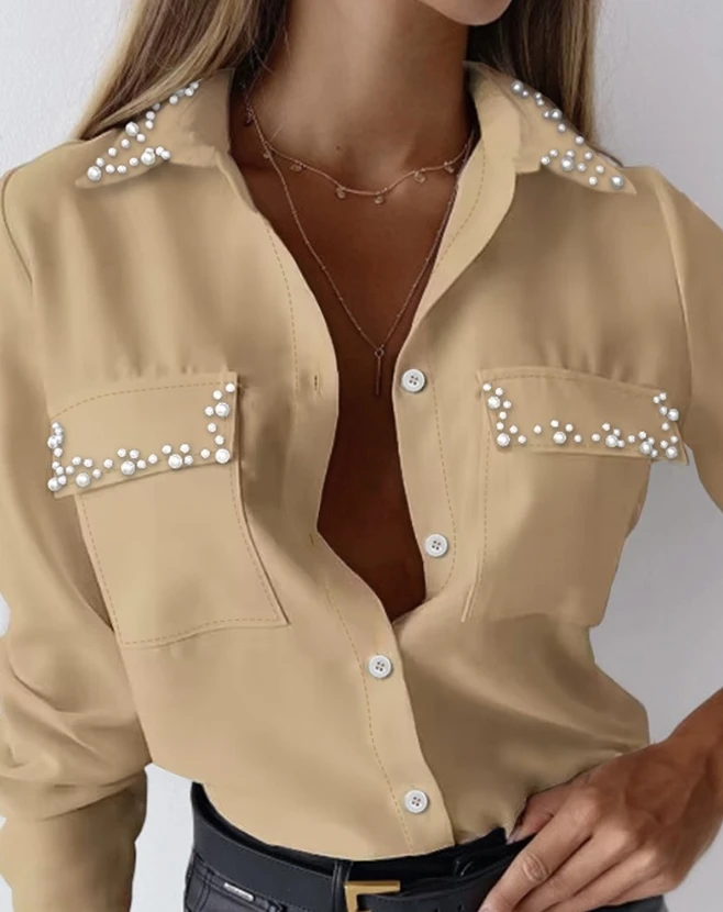 

Fashion Women Shirts and Blouses 2023 Feminine Work Elegant Blouse Autumn Clothes Long Sleeve Beaded Buttoned Pocket Design Top
