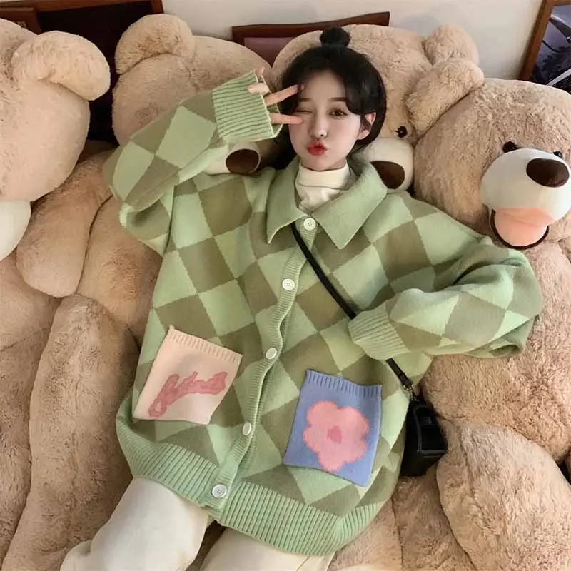 

Colorblocked Lazy Style Diamond Plaid Sweater Coat For Women Autumn Winter Loose Coat Retro Japanese Knitted Cardigan For Women