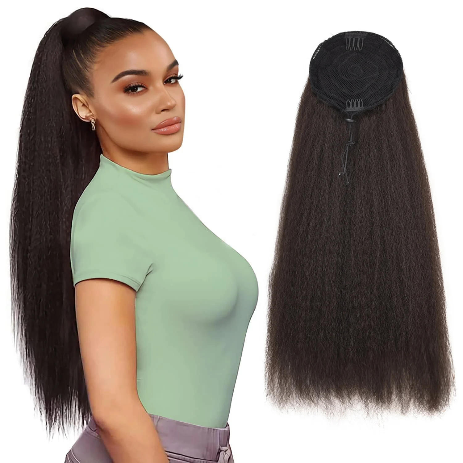 Long Drawstring Ponytail Yaki Straight Hair Synthetic Pony Tail Clip in Ponytail Hair Extension Fluffy Black Yaki Hair for Women