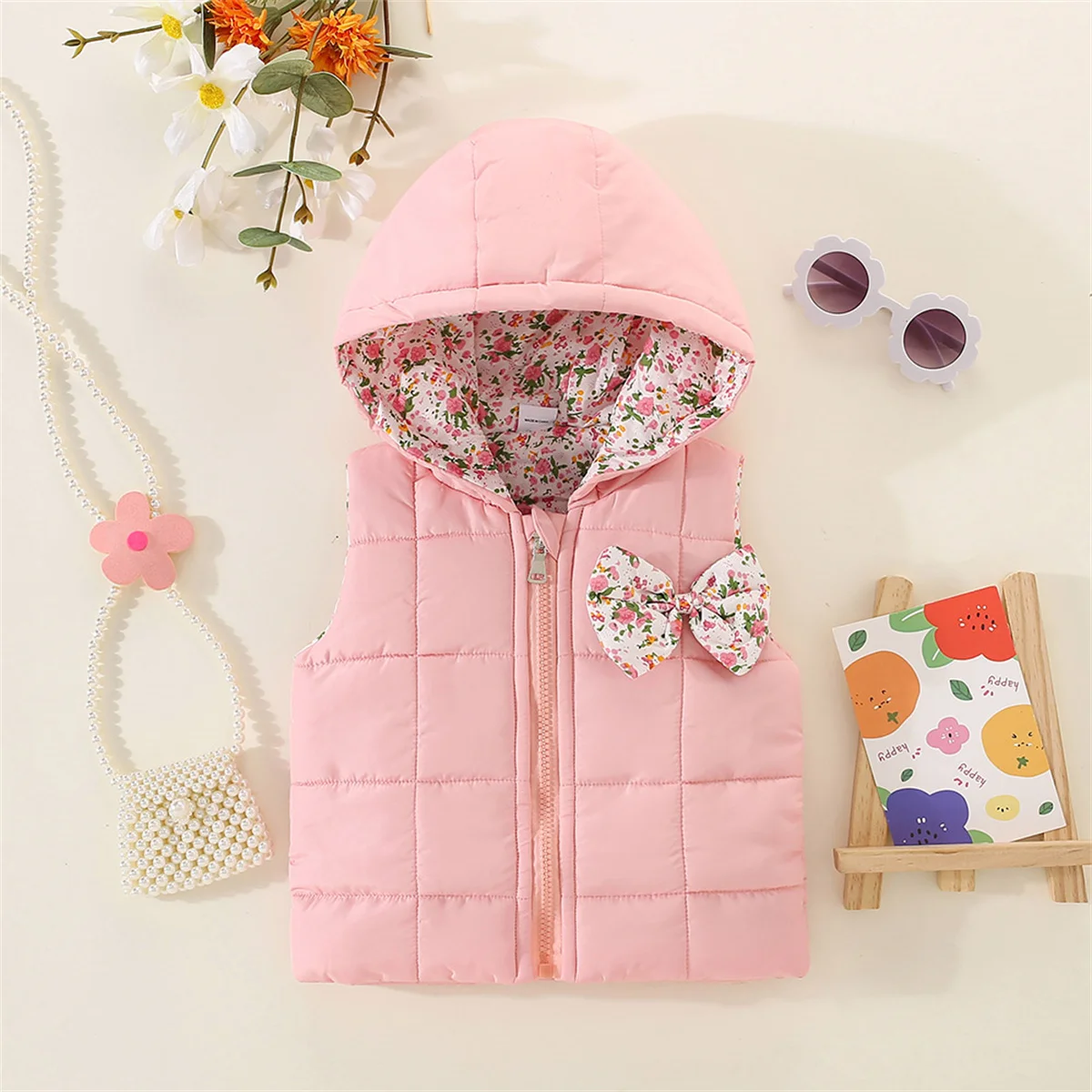 Autumn And Winter Girls' Cotton Vest Cartoon Clip Solid Hooded Sweet Bow Zipper Warm Coat baby girl jacket women vest children down vest