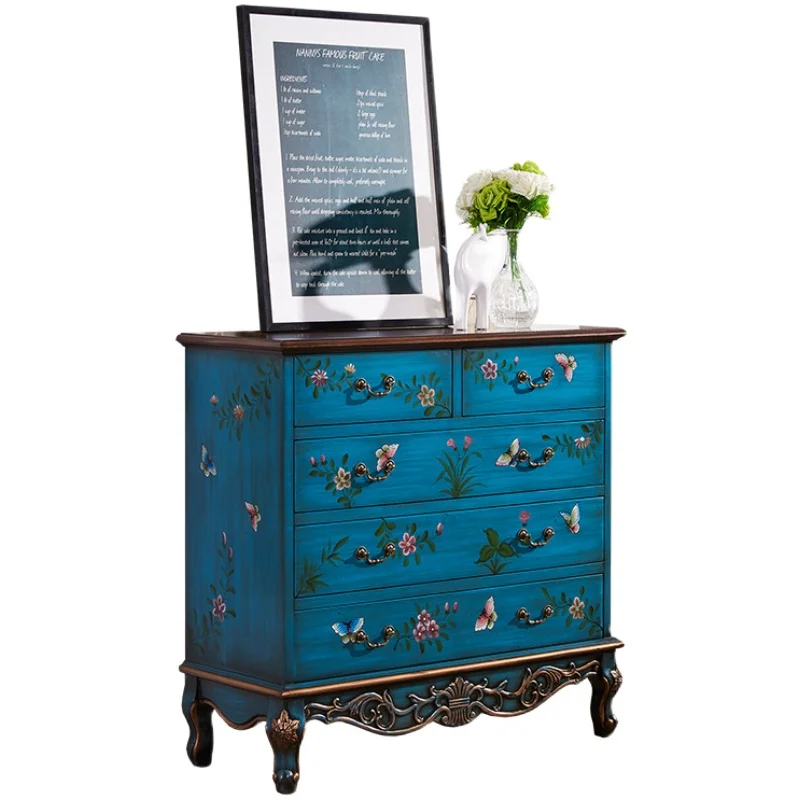 

Gold Foil Painted Furniture American Mediterranean Blue Solid Wood 5-Drawer Cabinet Distressed