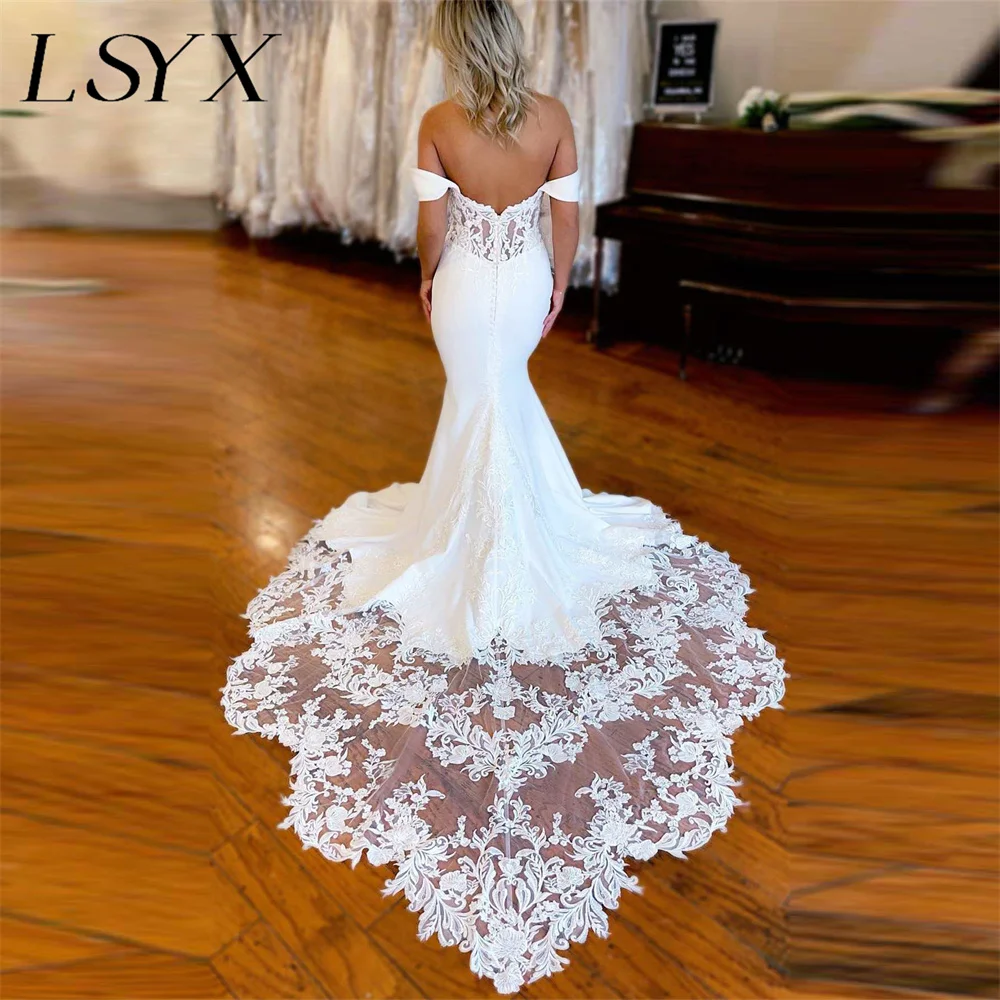 

LSYX Elegant Off-Shoulder Sweetheart Crepe Mermaid Wedding Dress 2024 Illusion Back Lace Court Train Bridal Gown Custom Made