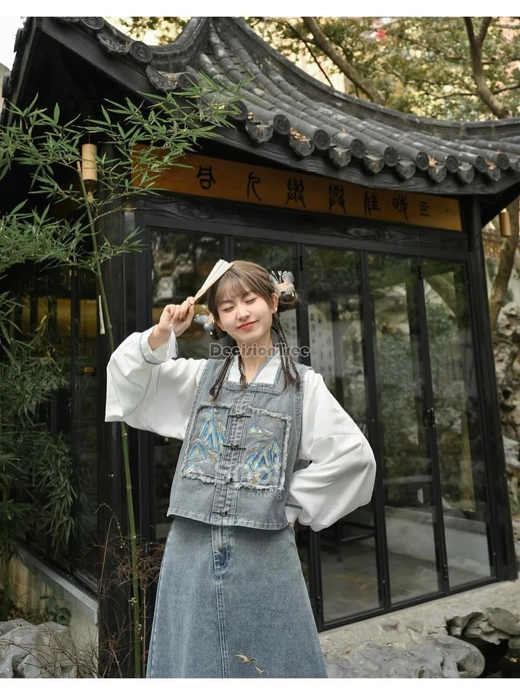 chinese improved embroidery hanfu suit autumn student campus daily trendy cowboy set youth lively leisure temperament suit