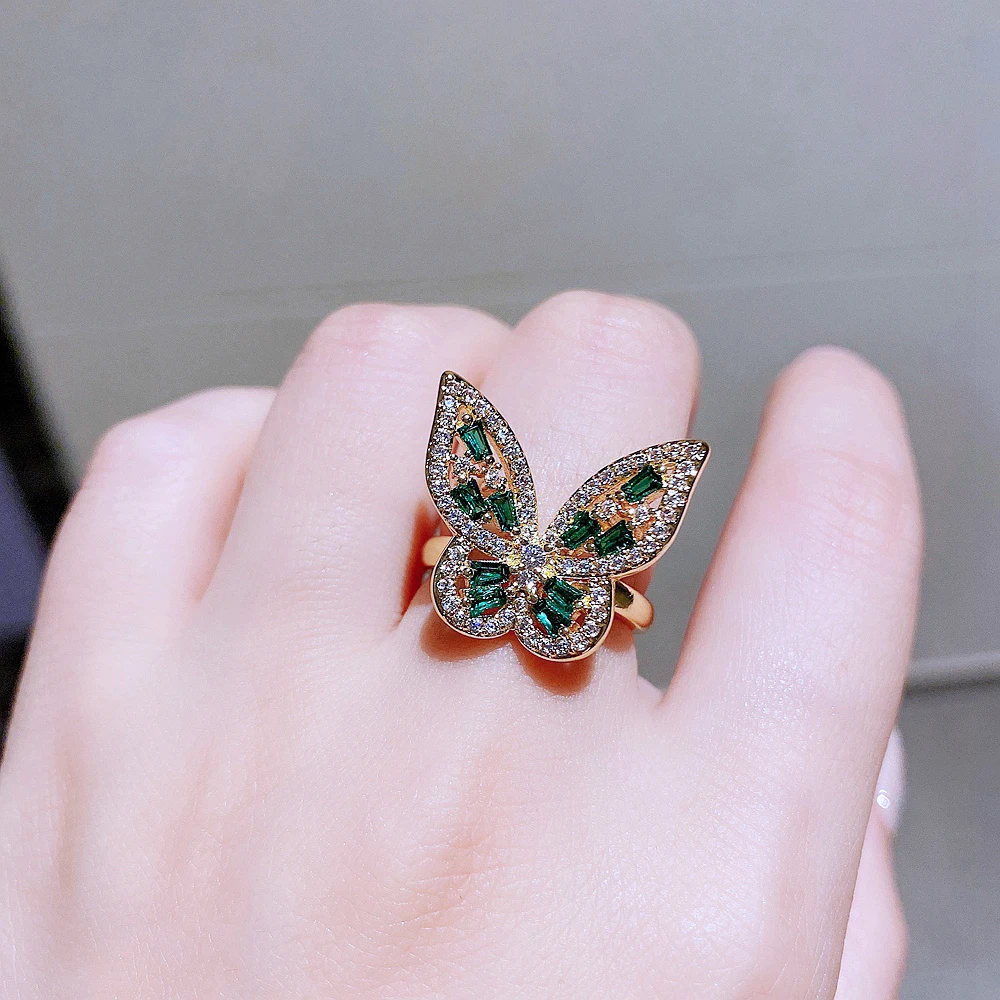 Trendy Green Crystal Stone Butterfly Ring For Women Gold Color Plated