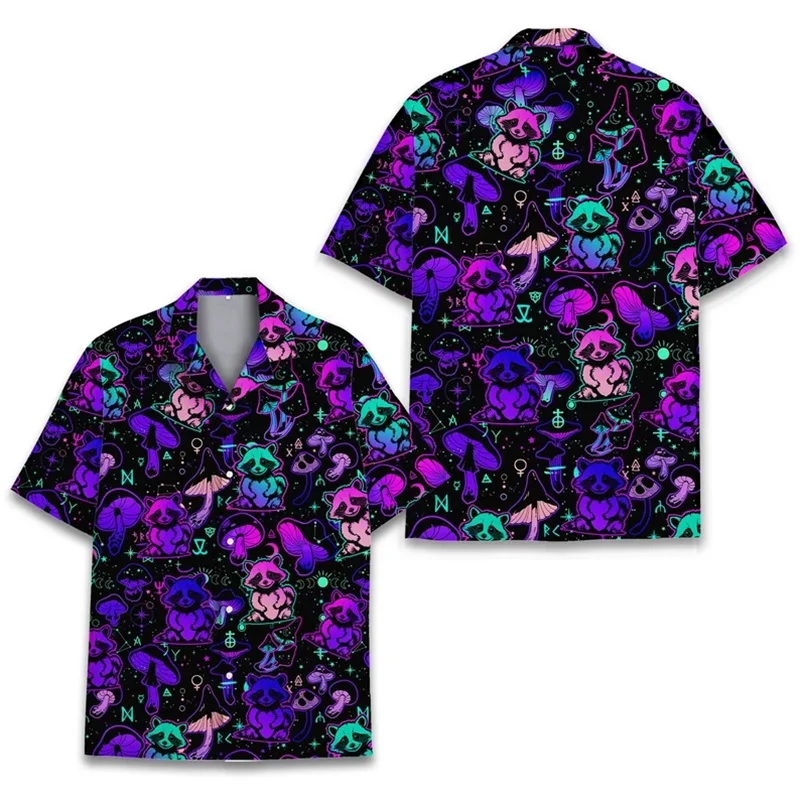 thumbnail image 1 of Camisas hawaianas de mapache con estampado 3D de manga corta holgadas y transpirables estilo polinesio Tiki para hombre y mujer, para fiestas en la playa, 1 of 5