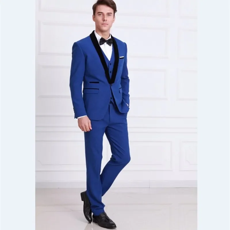 Groomsmen Shawl Black Lapel Groom Tuxedos Royal Blue Men Suits Wedding Best Man Blazer Suit (Jacket+Pants+Vest)