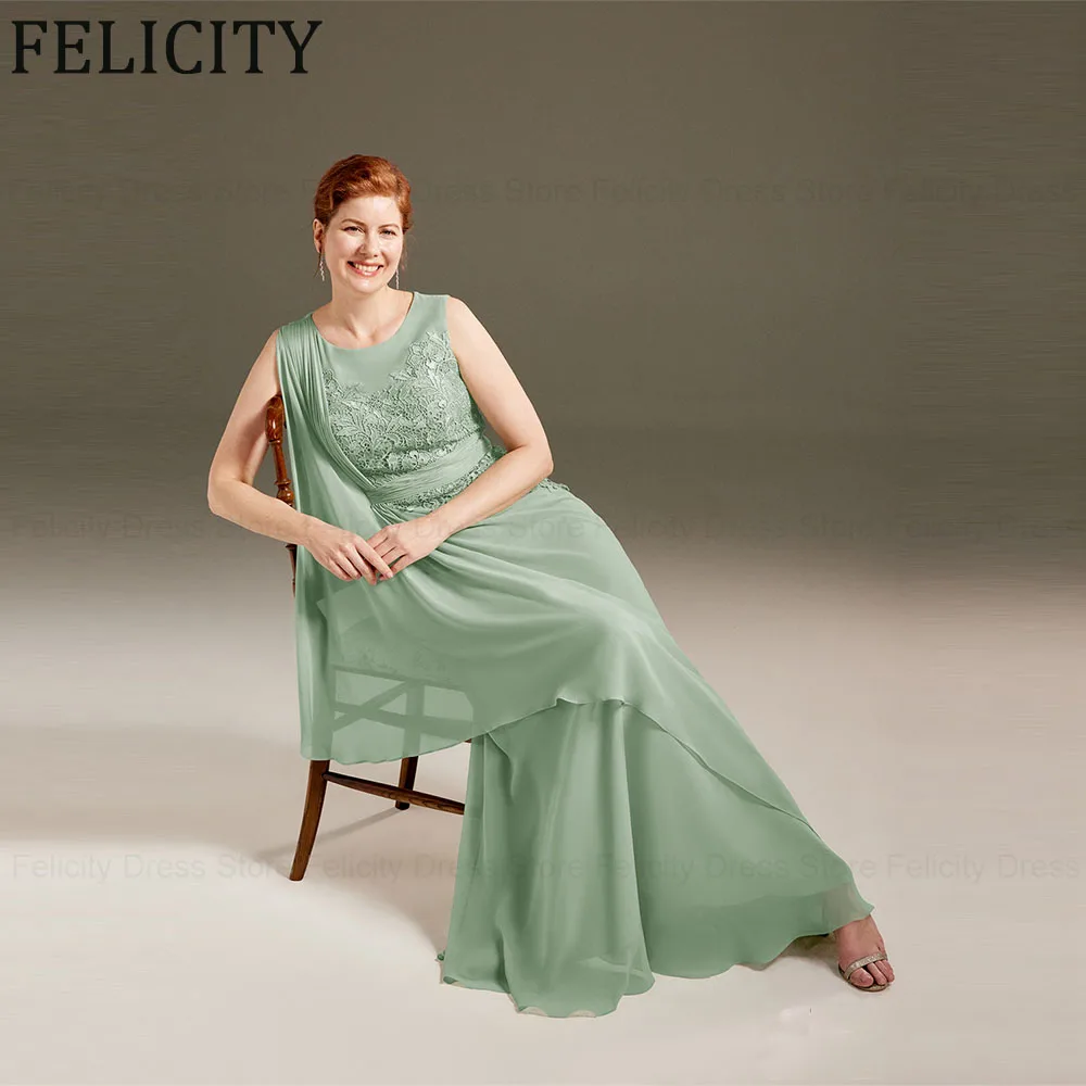 

Elegant Mother of the Bride Dresses 2024 Sheath O-Neck Formal Wedding Guest Dresses Chiffon Applique Pleated Long Evening Gowns