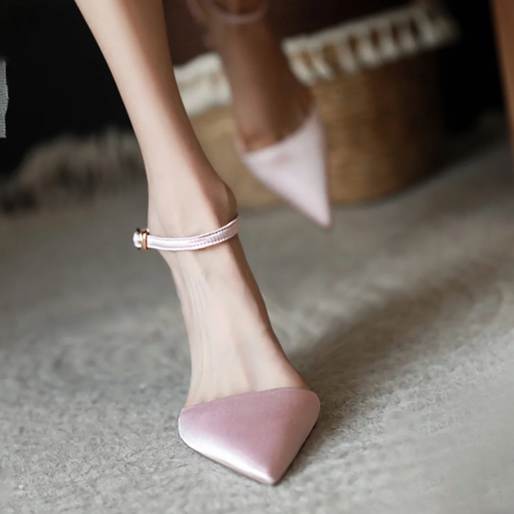 

Thin Heels 7cm One Strap Buckle Pumps Party Dress Heel French Style Pointed Toe High Heel Sandals Woman Soft Silk Wedding Pumps