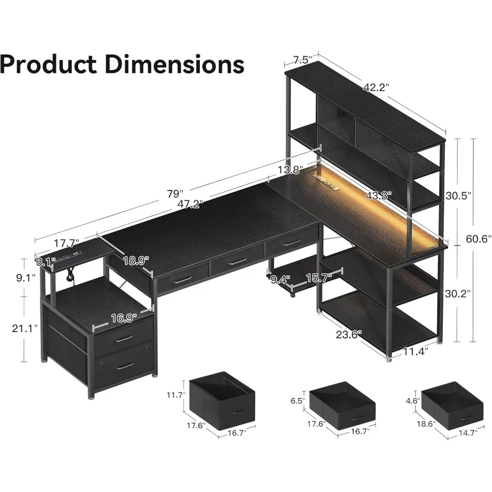 L-Shaped Desk with File Drawers, Power Outlets & LED Lights.Reversible Computer Gaming Desk with Storage Shelves for Home Office 3