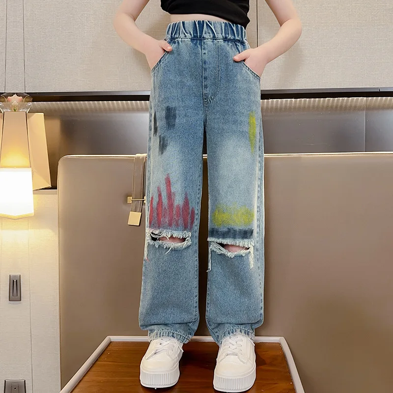 2023 Four Seasons Girl Kids Straight Ripped Hole Loose Jeans Elastic Waist  Trousers Child Teen Fashion Gradient Denim Wide Pants - AliExpress