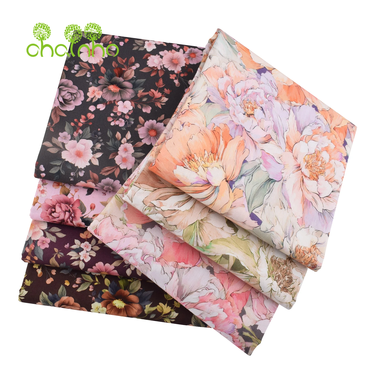 Chainho,Printed Plain Weave Poplin Cotton Fabric,DIY Quilting Sewing Material,Patchwork Cloth,Floral Series,2 Sizes,15PC234