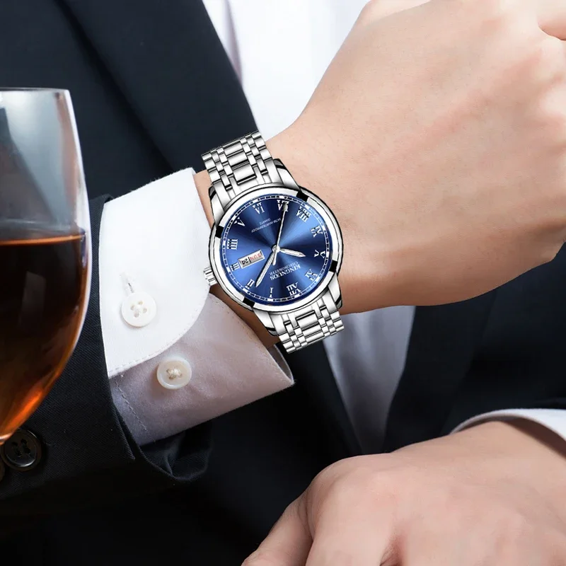 Dropshipping New Mens Watches Luminous Waterproof Gold Stainless Steel Quartz Watch Men Date Calendar Business Wristwatch XFCS