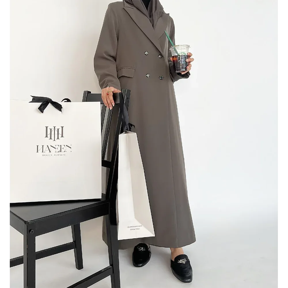Arabic Robe Women Long Jacket Slim Double Breasted Female Daily Coat Formal Ankle Length Dress 2