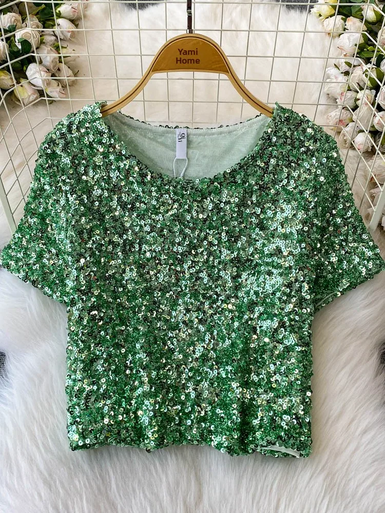 Faionable ort Sexy Slim Fit Women's T-irt Glitter Heavy Embelliment Summer New Design Korean Sle round Ne Top