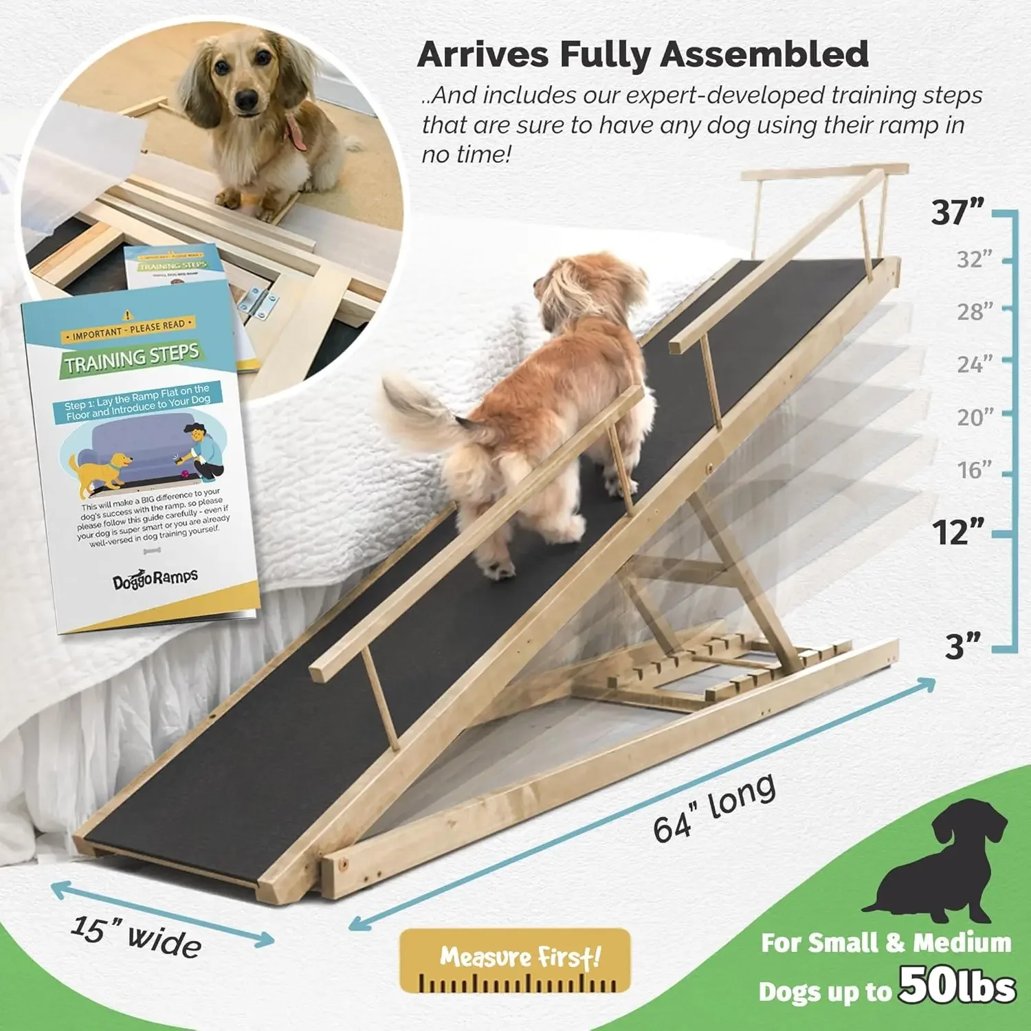 Nordic Adjustable up to 37" High Beds with Low Incline, for Small Dogs up to 50lbs, Safety Rails & Anti-Slip Grip