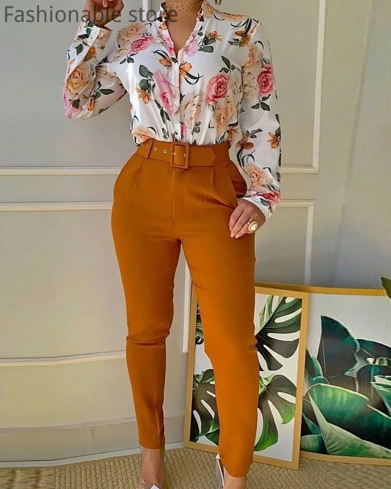 

Женский офисный комплект из 2 предметов, Элегантная блузка с длинным рукавом и цветочным принтом на пуговицах спереди и брюки с поясом