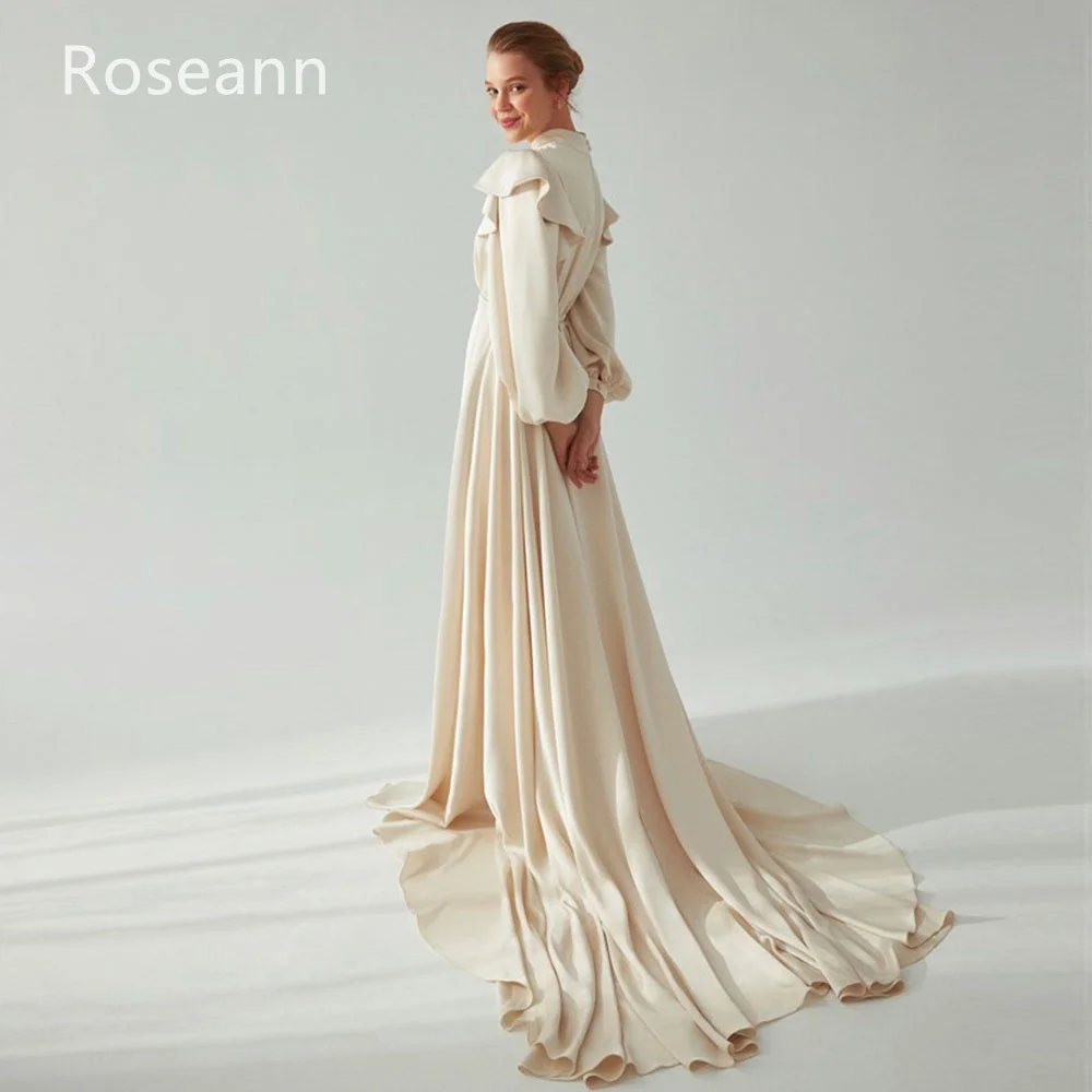 Customized Muslim Retro High Collar A-line Wedding Dresses Ruffle Satin Draped Pleat Ribbon Full Bride Dresses robe de mariée 2