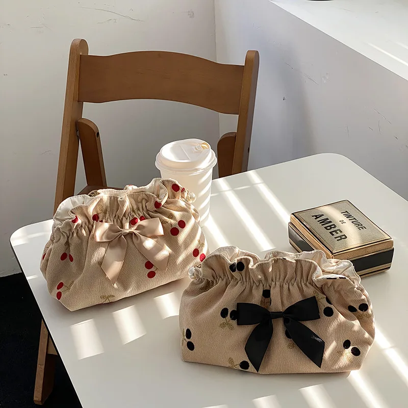 Soft Corduroy Cherry Make Up Bags for Mom Mommy Bag Baby Diaper Nappy Organizer Bowknot Women Evening Cluth Purse Maternity Bag 2