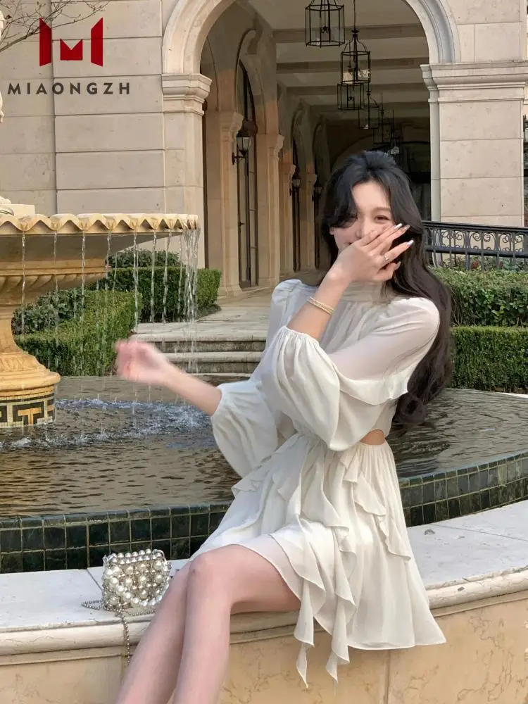 

Fashion Beach Chiffon Dress For Women Turtleneck Long Sleeve High Waist Hollow Out Summer New Folds Ruffle Holiday Dresses 2024