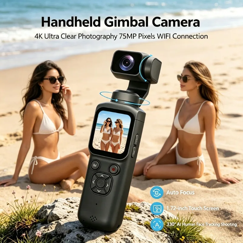 4K HD Gimbal Camera 75MP 330° Face Tracking WiFi Vlog Pocket Action Camera