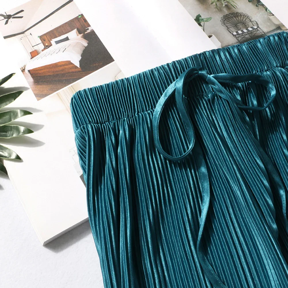 Women's Pleated Loose Ice Silk Korean Casual Cropped Pants Wide Leg Trouse Home Classic Sports Wear