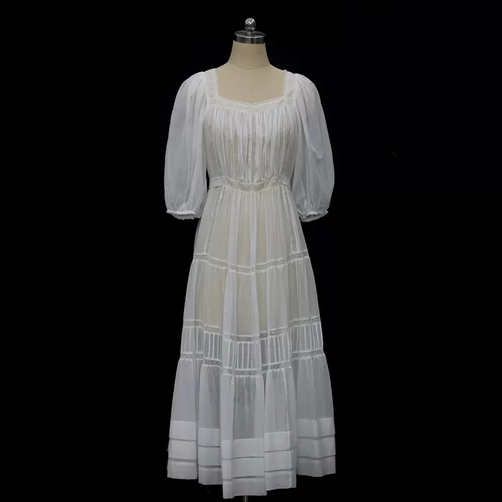 

Summer Women Vintage Style Thin Lightweight Sheer Cotton White Dress
