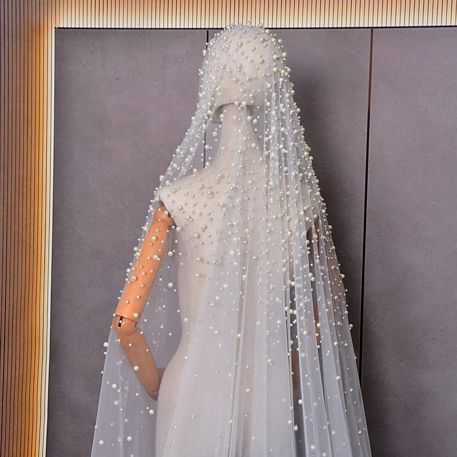 

Luxury Cathedral 3/4/5M Long Wedding Veil With Pearls High End Beaded 1 Tier Pearl Veil Bridal Hair Accessories VP113