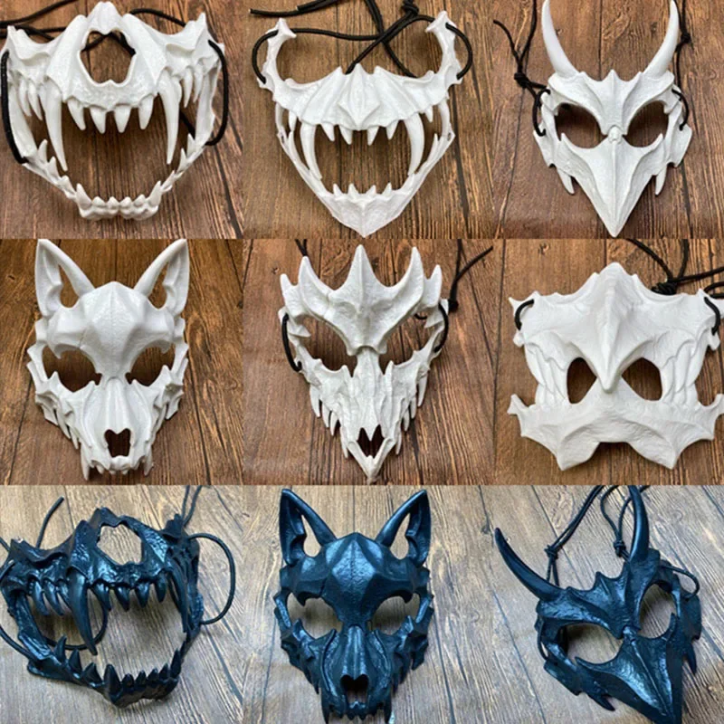 

Animal Skeleton Half Mask Women Men Party Stage Show Mask Halloween Carnival Adult Cosplay White Black Wolf Tiger Skeleton Mask