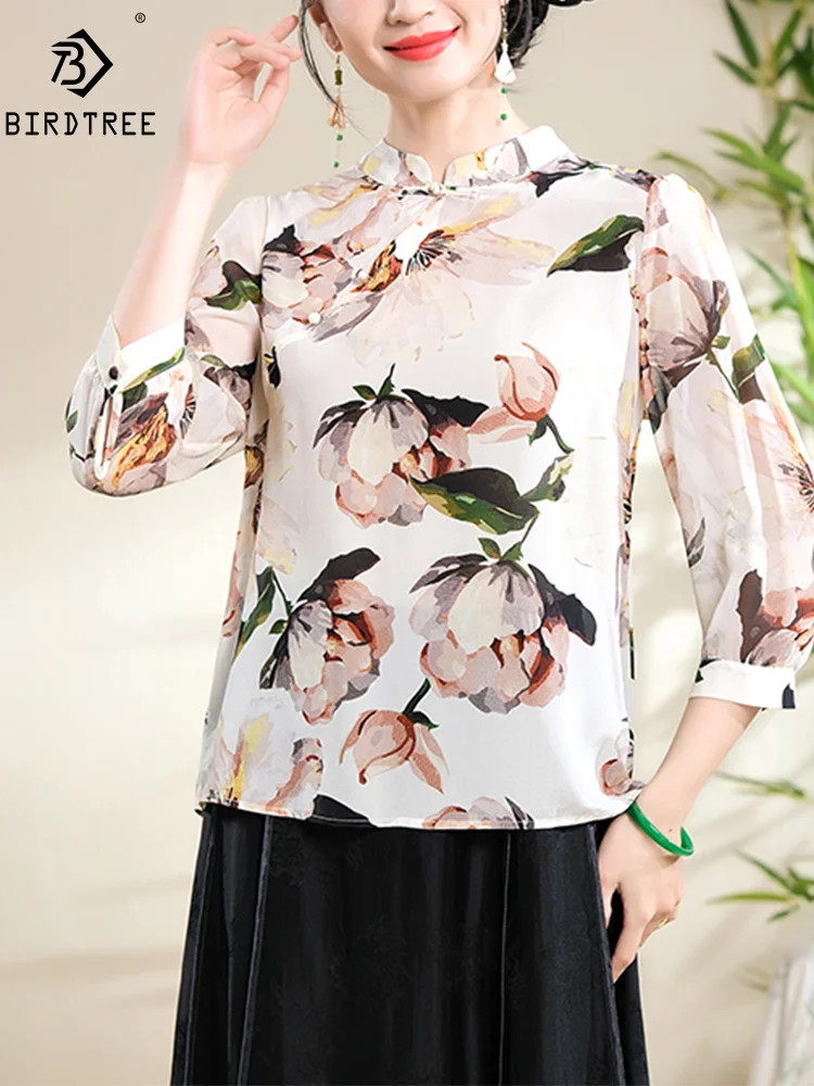 

BirdTree, 100%Real Silk Chinese Style T-Shirts, Women 3/4 Sleeve Floral Top, Retro Loose Mom Blouses, 2024 Summer New T44448QM