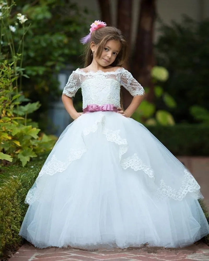 

Flower Girl Dresses Appliques Sleeveless Birthday Evening Dress For Girls Wedding Princess Party First Communion Gowns With Bow